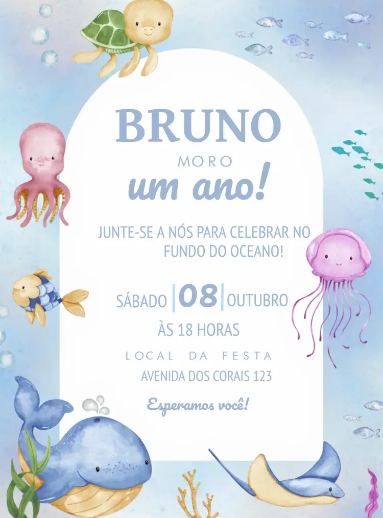 Convite Fundo Do Mar Aquarela Peixes – tema Aniversário Infantil aquarela, marinho, colorido, temático, divertido, infantil