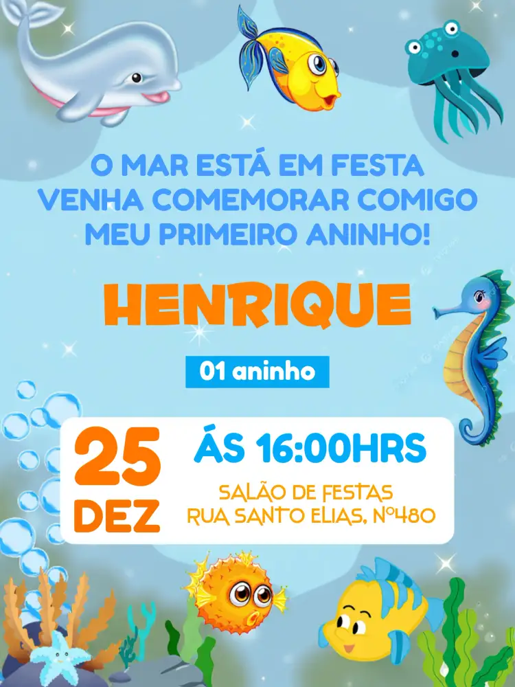 Convite Fundo Do Mar Azul – tema Aniversário Infantil azul, marinho, colorido, divertido, temático, infantil
