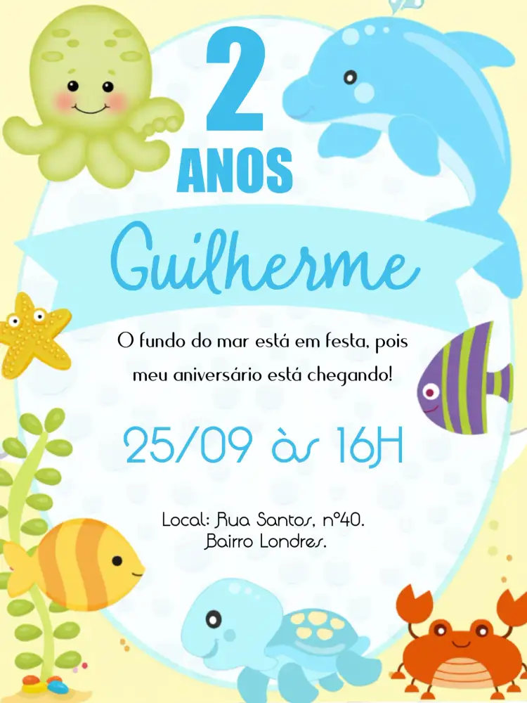 Convite Fundo Do Mar Azul – tema Aniversário Infantil oceânico, colorido, divertido, infantil, marinho, tropical