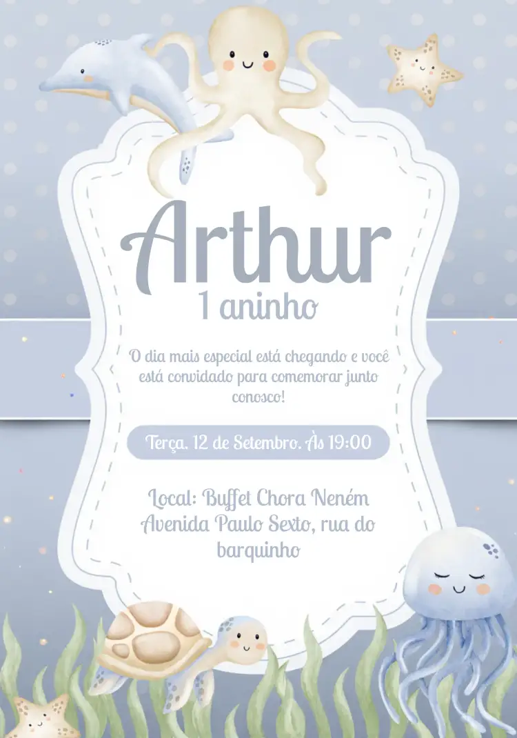 Convite Fundo Do Mar Azul Menino Peixe – tema Aniversário Infantil aquarela, temática marinha, azul, colorido, divertido, infantil