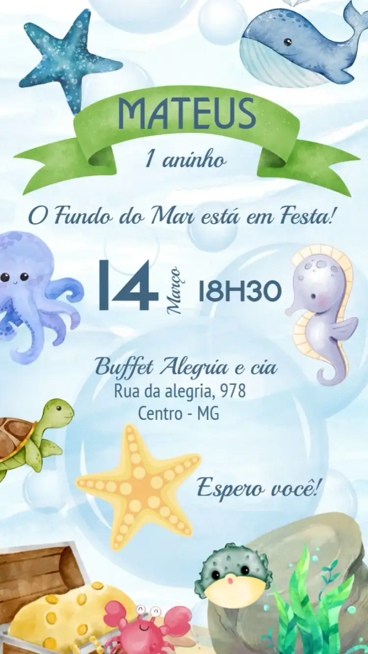 Convite Fundo Do Mar Baleia – tema Aniversário Infantil fundo do mar, colorido, divertido, infantil, marinho