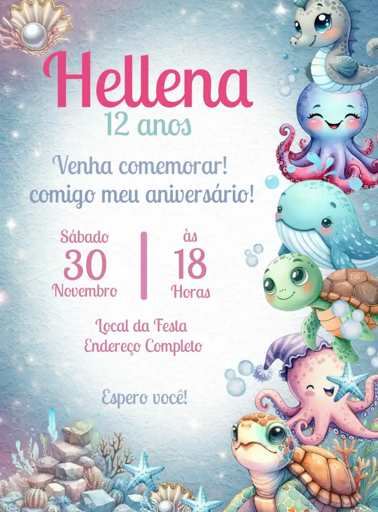 Convite Fundo Do Mar Baleia – tema Aniversário Infantil marinho, colorido, lúdico, divertido, tropical