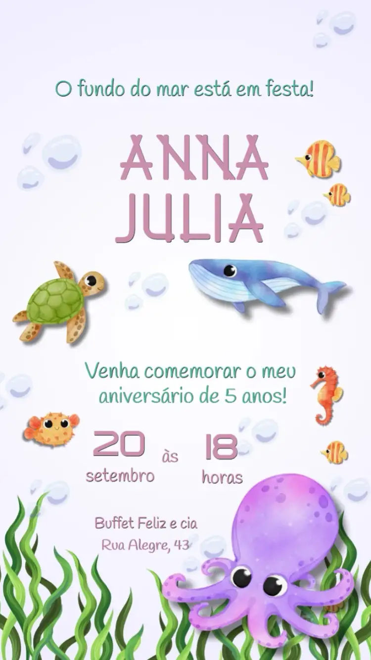Convite Fundo Do Mar Baleia – tema Aniversário Infantil fundo do mar, animais marinhos, cores suaves, ilustrações lúdicas, estilo divertido, tema aquático