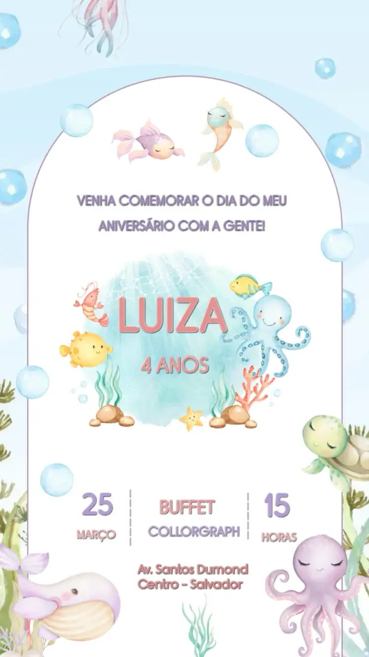 Convite Fundo Do Mar Bolhas – tema Aniversário Infantil marinho, colorido, divertido, aquarela, lúdico