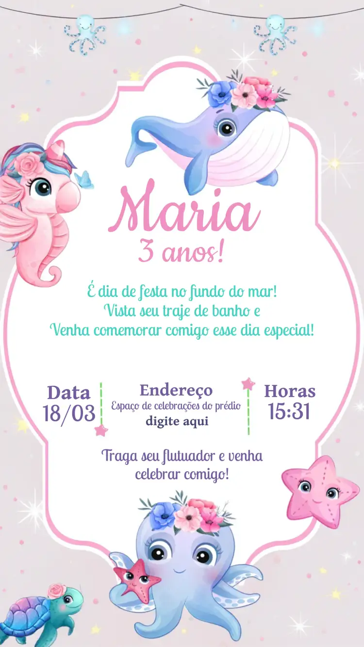 Convite Fundo Do Mar Bolhas – tema Aniversário Infantil marinho, lúdico, colorido, infantil, divertido