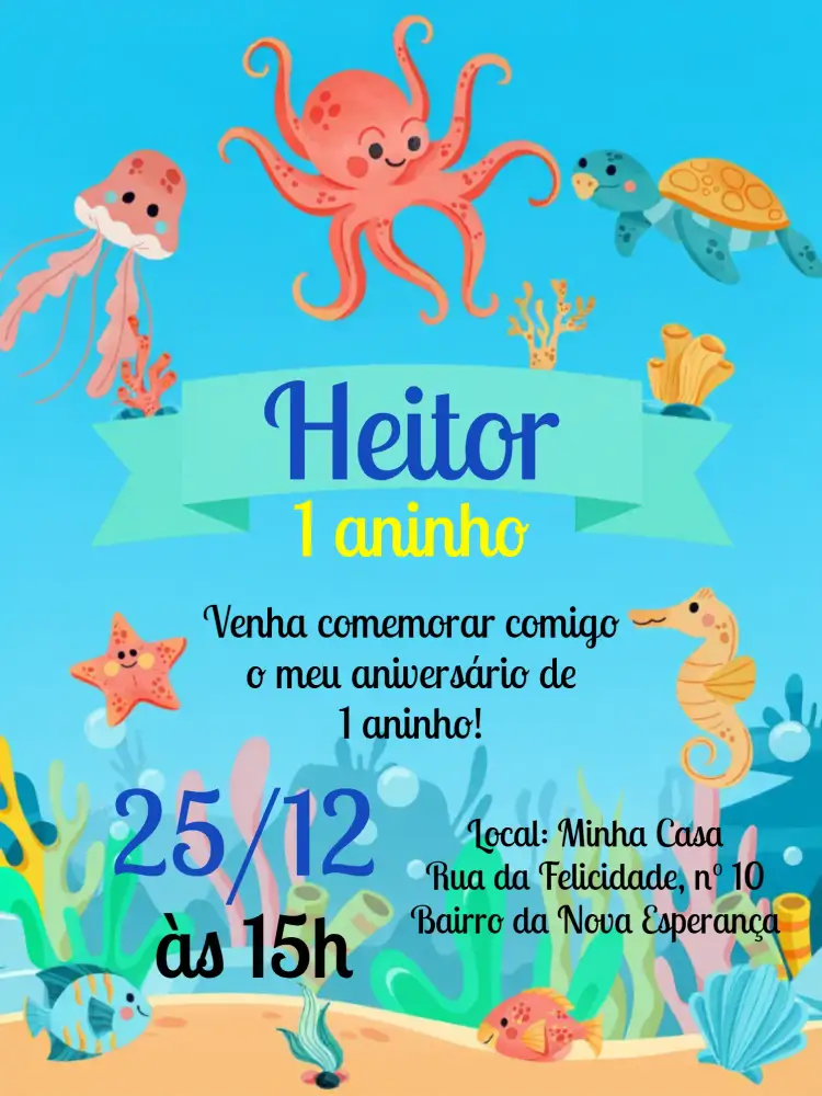 Convite Fundo Do Mar Estrelinha – tema Aniversário Infantil marinho, colorido, divertido, infantil, tropical