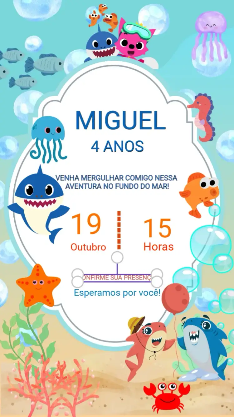 Convite Fundo Do Mar Cavalo – tema Aniversário Infantil marinho, azul, vibrante, lúdico, colorido, temático