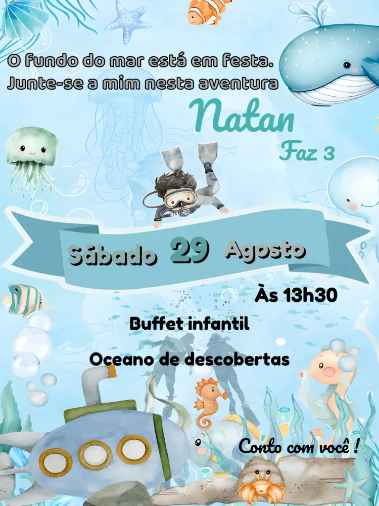 Convite Fundo Do Mar Azul – tema Aniversário Infantil marinho, colorido, brincalhão, divertido, tropical