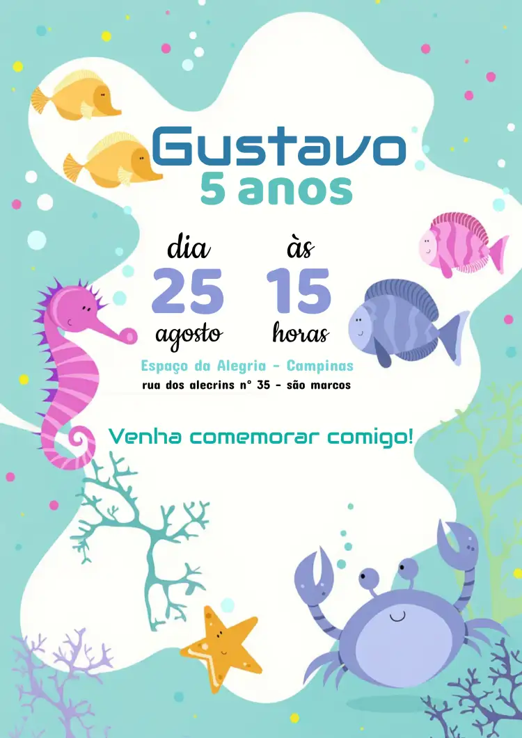 Convite Fundo Do Mar Colorido – tema Aniversário Infantil colorido, marinho, infantil, divertido, animado
