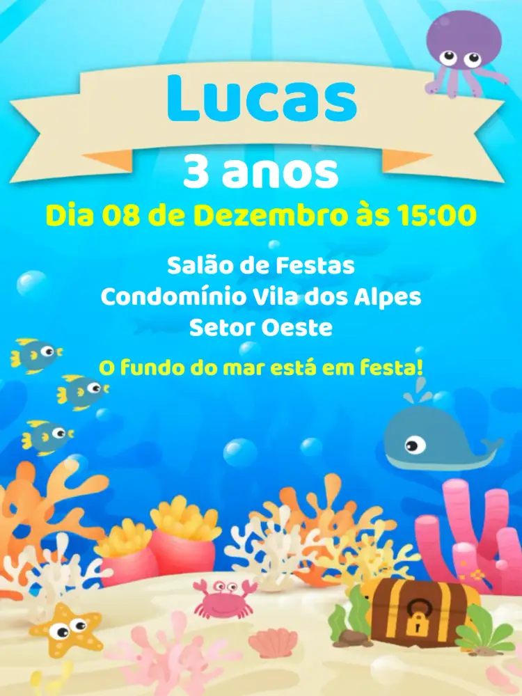 Convite Fundo Do Mar Colorido – tema Aniversário Infantil colorido, marinho, divertido, temático, infantil, novo