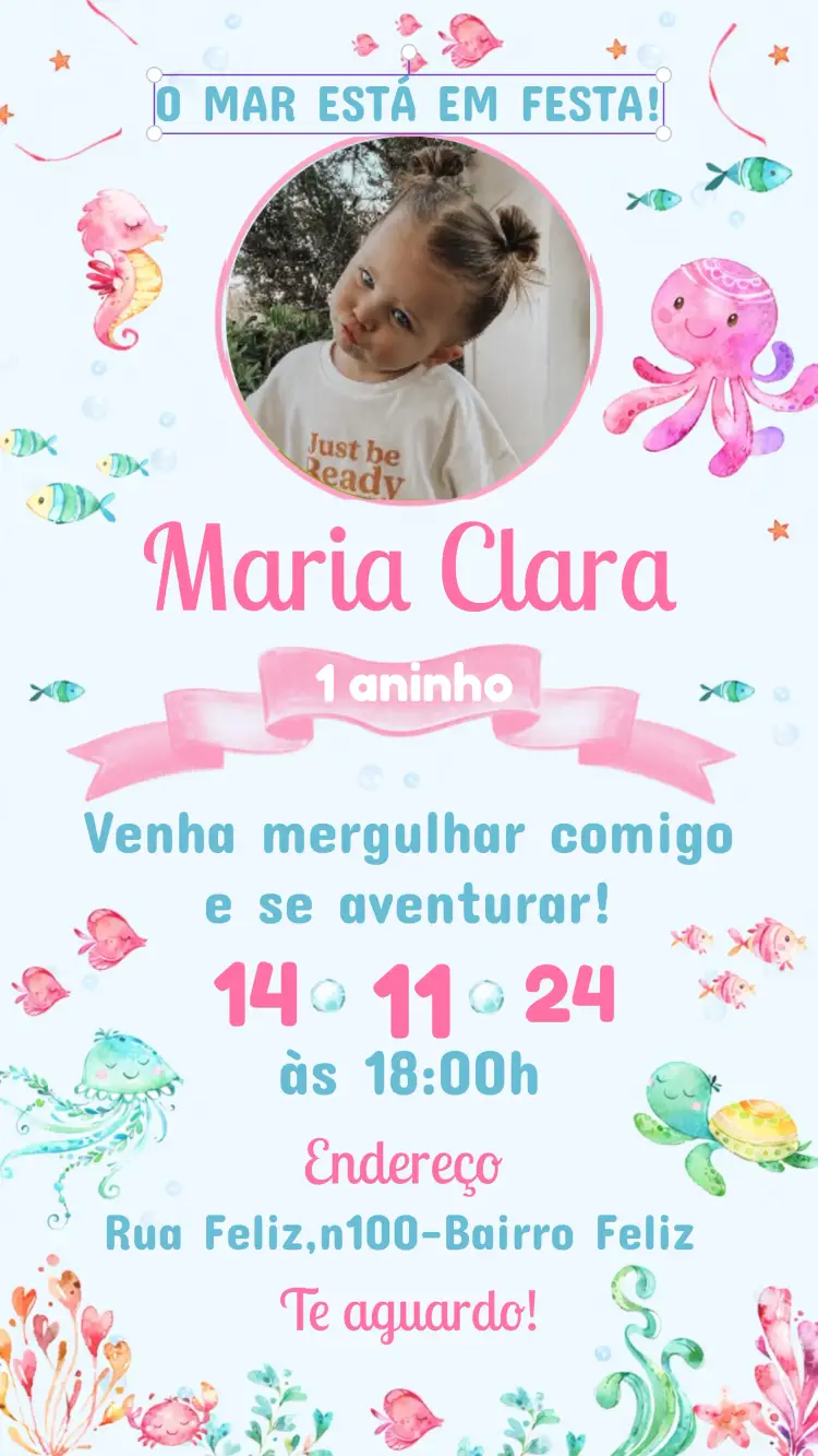 Convite Fundo Do Mar Com Foto Rosa