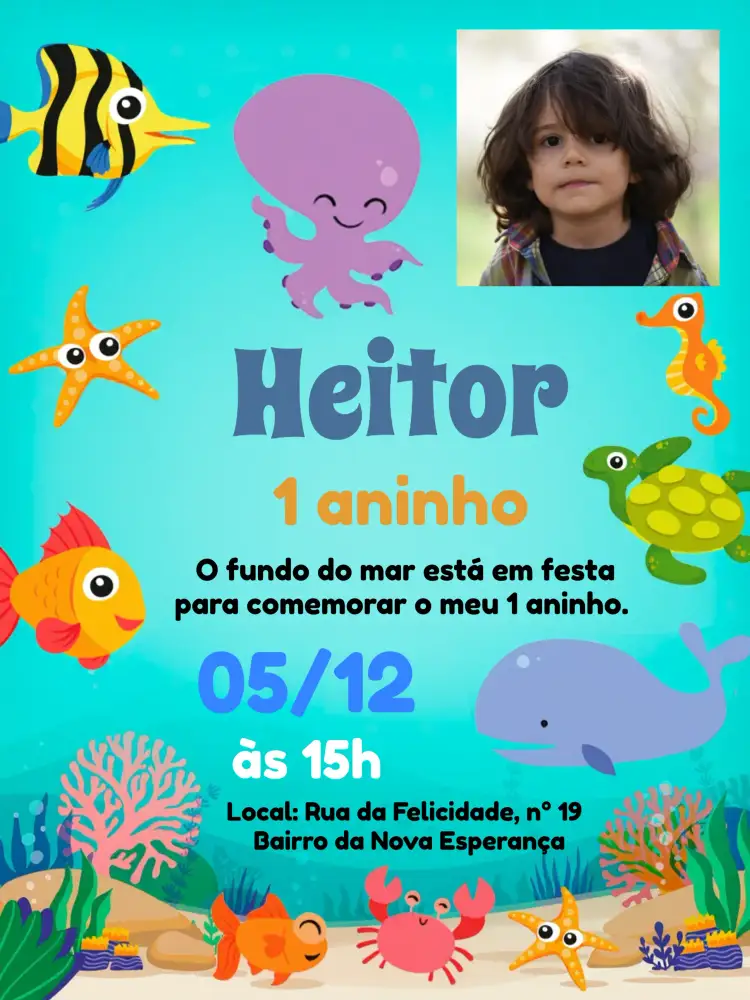 Convite Fundo Do Mar Com Foto Estrelinha – tema Aniversário Infantil marinho, colorido, lúdico, divertido, fotográfico