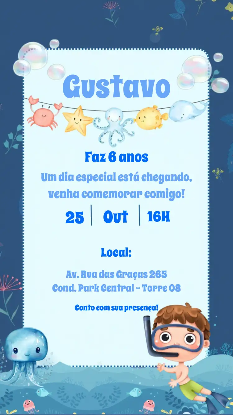 Convite Fundo Do Mar Delicado – tema Aniversário Infantil aquarela, fundo do mar, delicado, azul, infantil, divertido