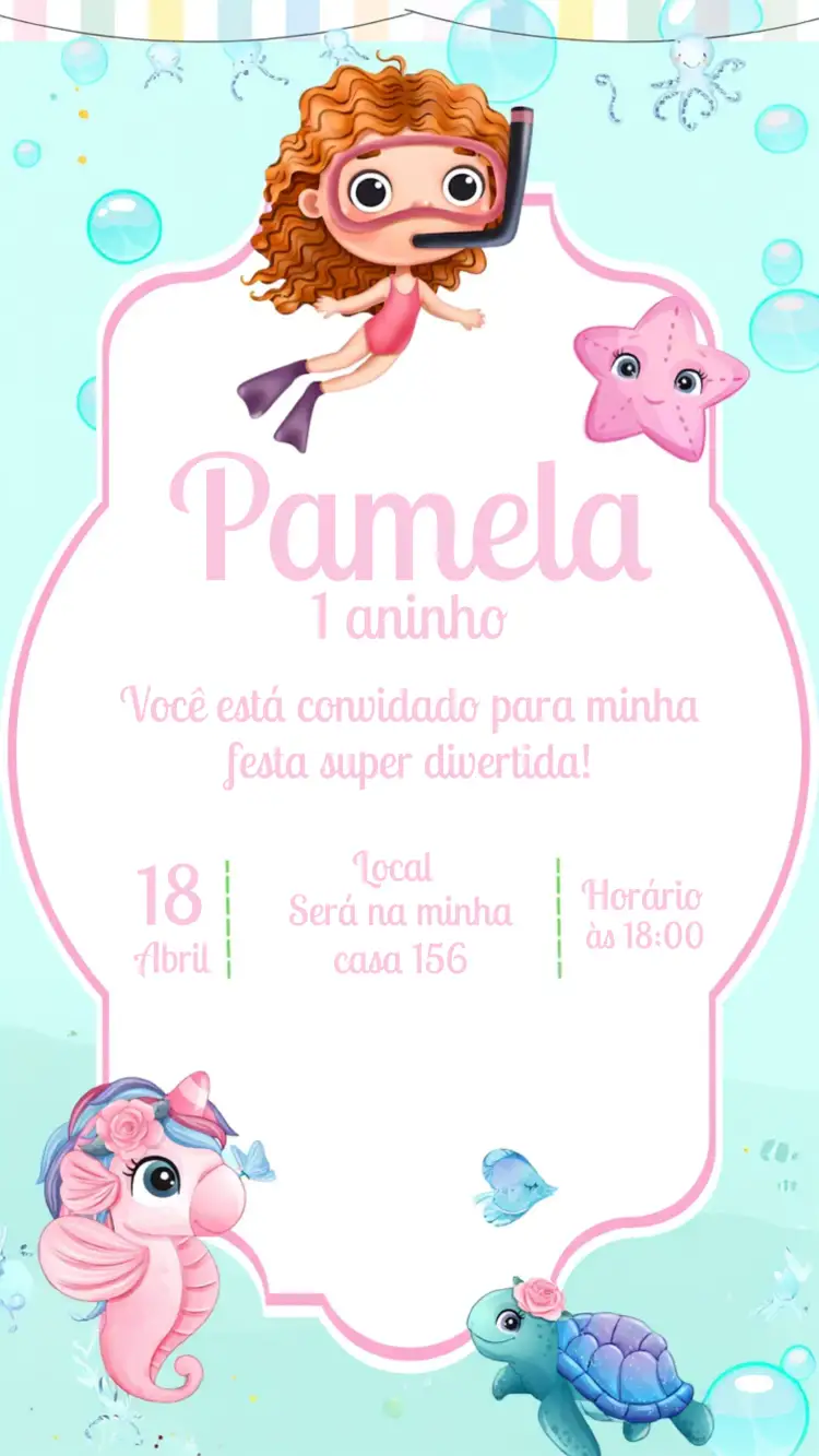 Convite Fundo Do Mar Delicado – tema Aniversário Infantil aquarela, delicado, fundo do mar, rosa, lúdico