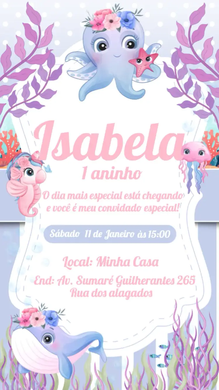 Convite Fundo Do Mar Floral Polvo – tema Aniversário Infantil floral, marinho, lúdico, colorido, infantil