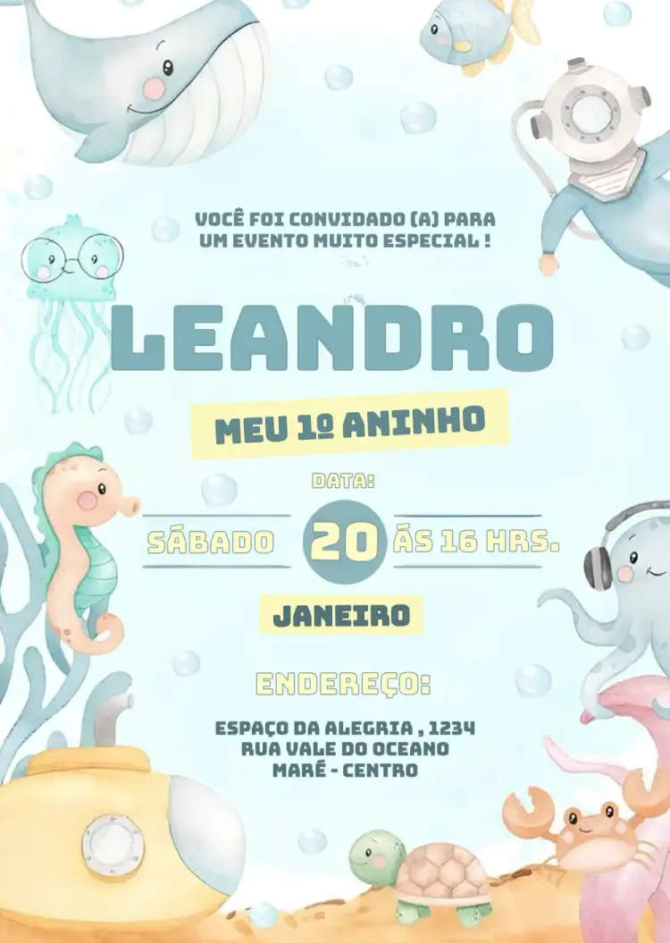 Convite Fundo Do Mar Fraldas – tema Aniversário Infantil marinho, azul, colorido, lúdico, divertido