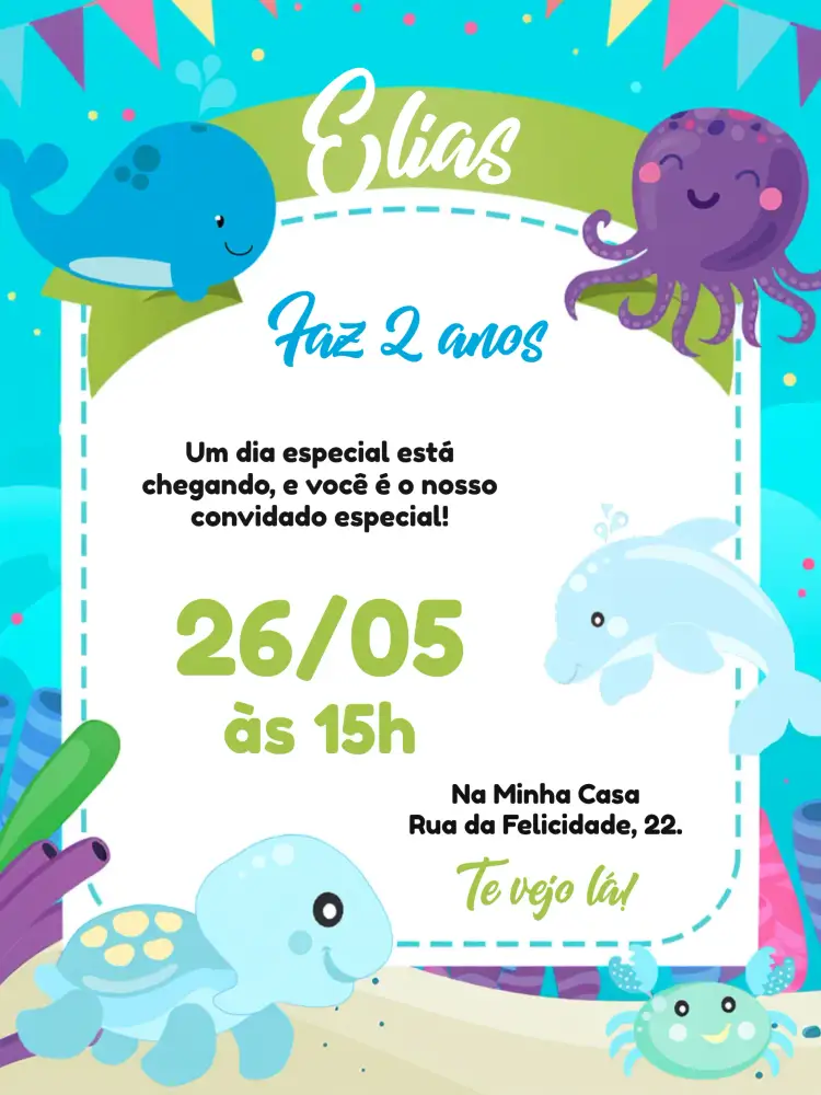 Convite Fundo Do Mar Golfinho – tema Aniversário Infantil fundo do mar, temática aquática, cores vibrantes, ilustrações de animais marinhos, estilo divertido, design infantil