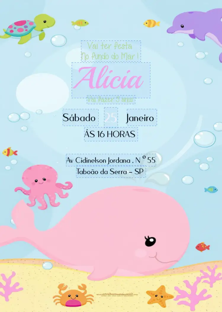 Convite Fundo Do Mar Golfinho – tema Aniversário Infantil marinho, colorido, lúdico, divertido, tropical