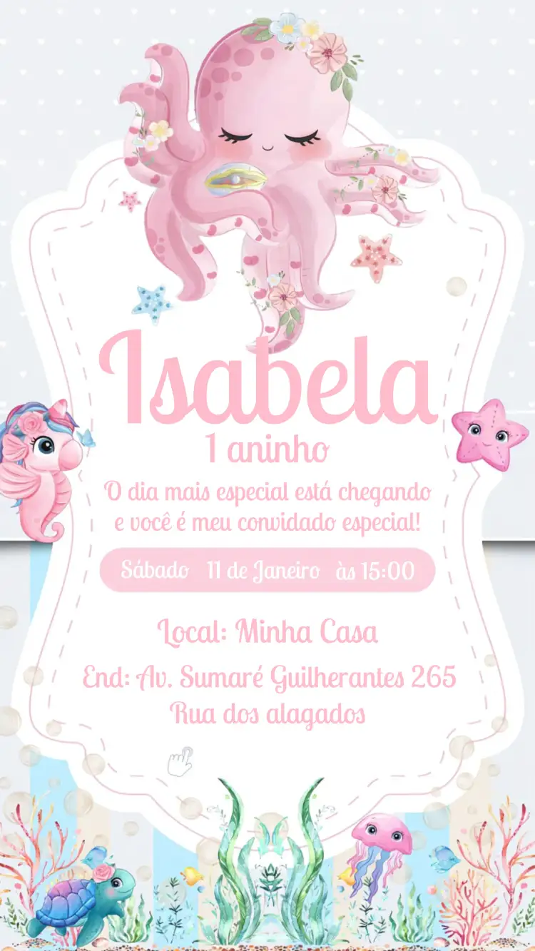 Convite Fundo Do Mar Menina – tema Aniversário Infantil fundo do mar, rosa delicado, marinho, infantil, tema aquático, divertido