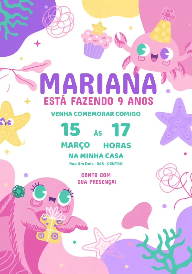 Convite Fundo Do Mar Lilás – tema Aniversário Infantil fundo do mar, aquarela, cores pastel, temática de sereias, estilo infantil