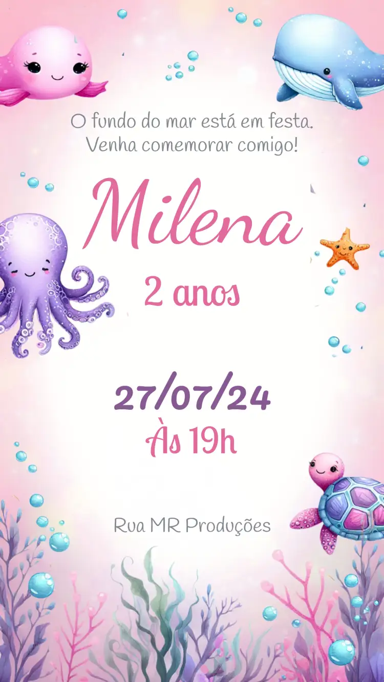 Convite Fundo Do Mar Lilás – tema Aniversário Infantil fundo do mar, lilás e rosa, água e algas, estilo infantil, ilustrações divertidas