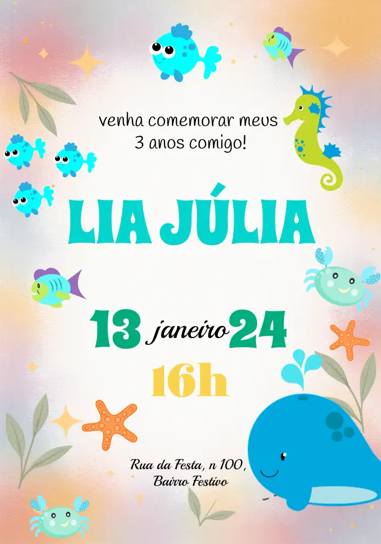 Convite Fundo Do Mar Marinho – tema Aniversário Infantil marinho, colorido, divertido, temático, tropical