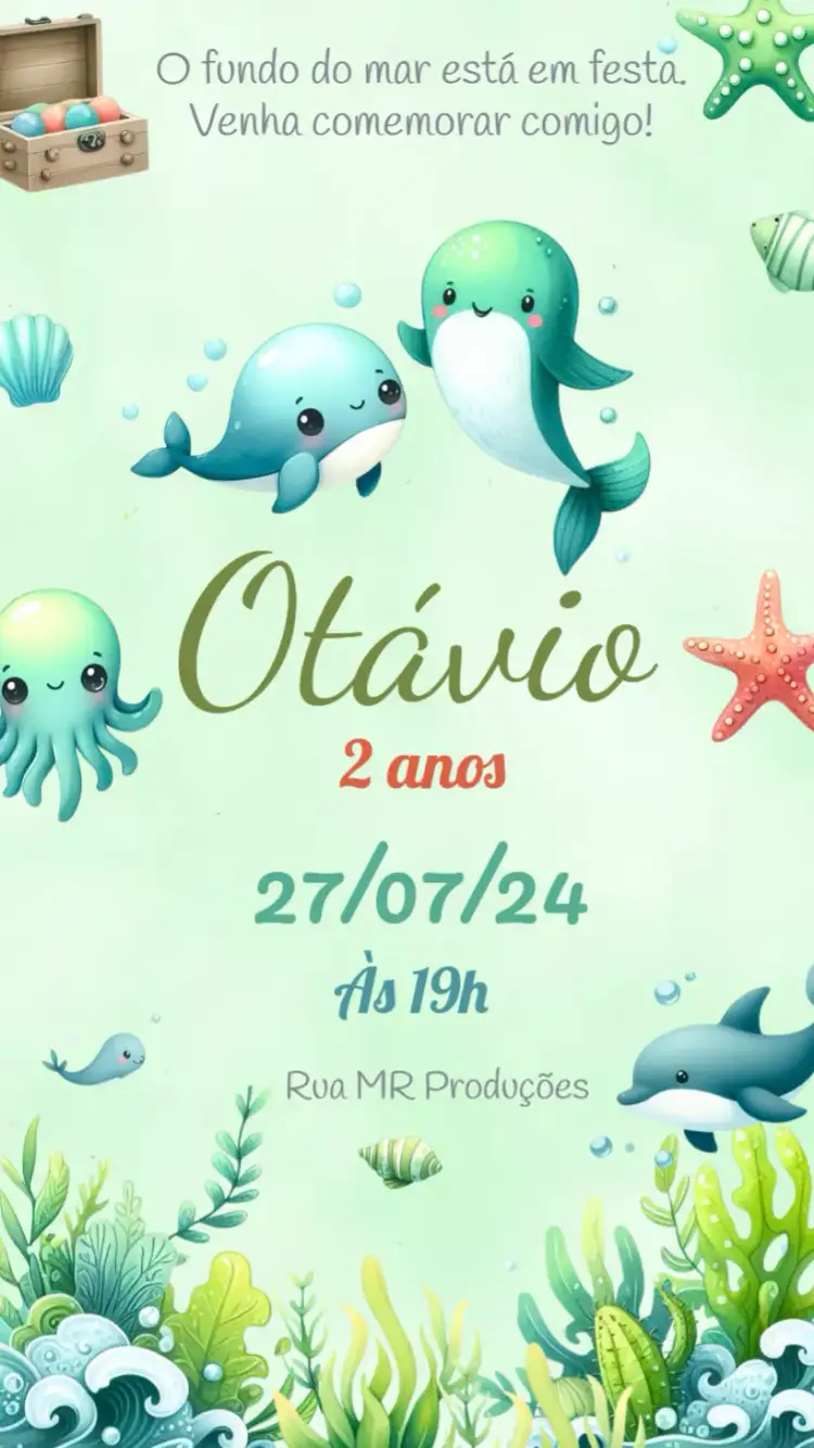 Convite Fundo Do Mar Menina – tema Aniversário Infantil fundo do mar, cores vibrantes, elementos marinhos, estilo lúdico, temas aquáticos, design alegre