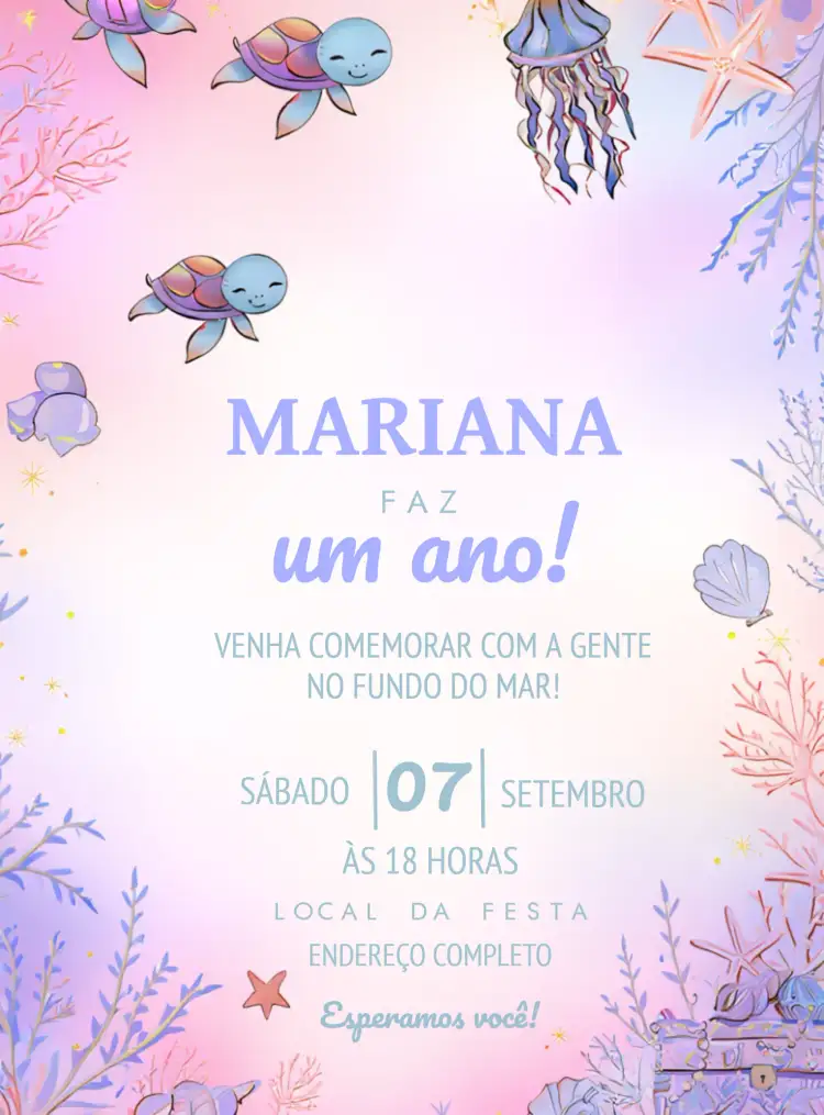Convite Fundo Do Mar Menina – tema Aniversário Infantil aquarela, marinho, colorido, infantil, lúdico