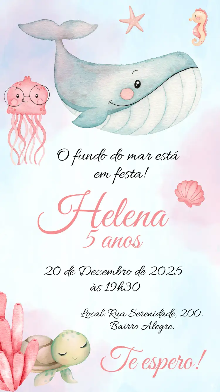 Convite fundo do mar menina – tema Aniversário Infantil fundo do mar, cores pastel, elementos marinhos, estilo lúdico, ilustrações infantis, tema aquático