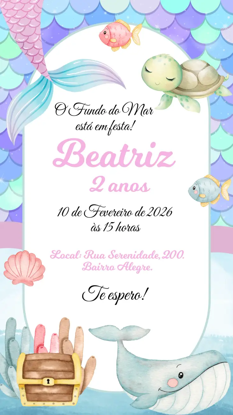 Convite fundo do mar menina – tema Aniversário Infantil marinho, colorido, fantasia, sereia, divertido, lúdico