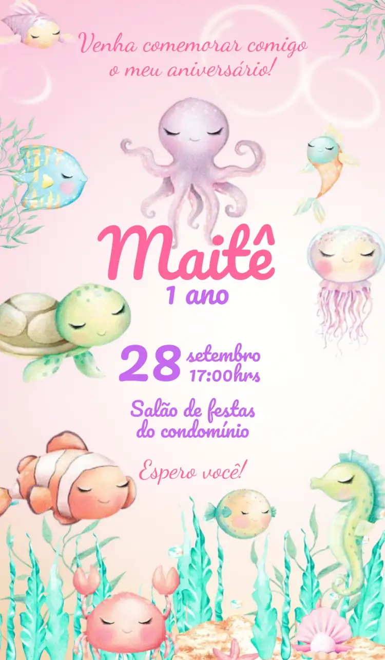 Convite Fundo Do Mar Menina Aquarelado – tema Aniversário Infantil aquarela, fundo do mar, cores suaves, elementos marinhos, estilo lúdico, temática rosa