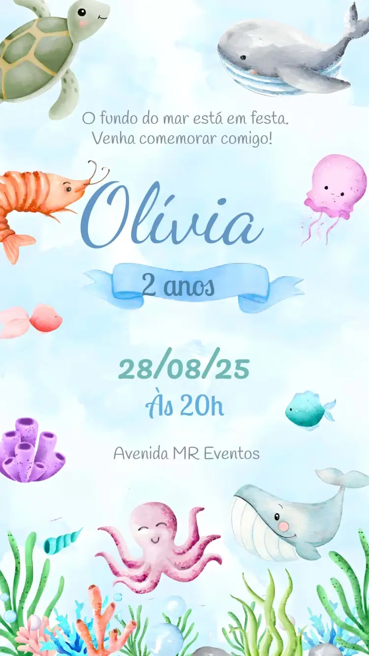 Convite Fundo Do Mar Algas – tema Aniversário Infantil fundo do mar, aquarela, tartarugas, azul claro, temática marinha, elementos subaquáticos