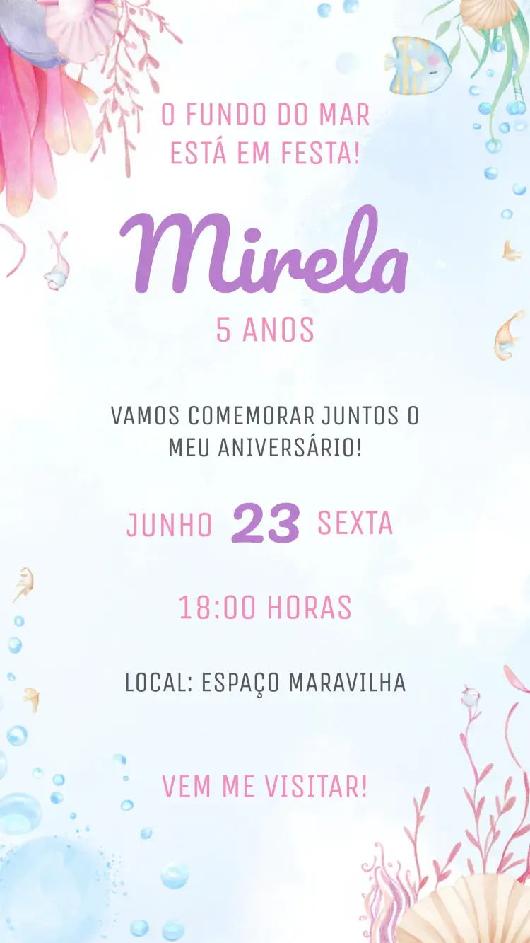Convite Fundo Do Mar Menina Infantil