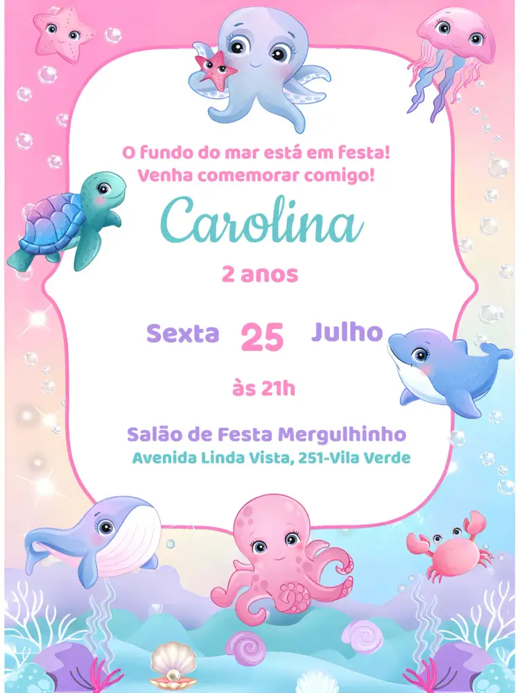 Convite Fundo Do Mar Menina Polvo – tema Aniversário Infantil aquático, lilás, aquarela, divertido, infantil, colorido