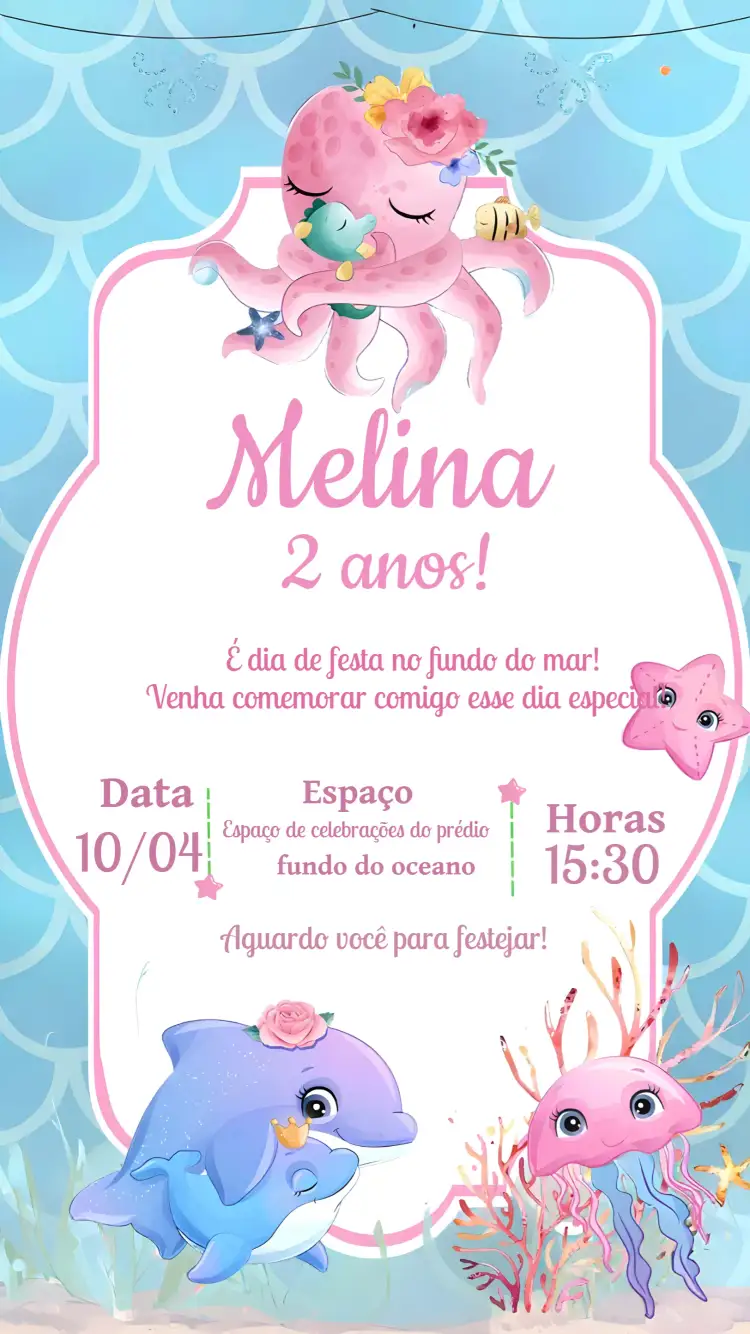 Convite Fundo Do Mar Menina Rosa – tema Aniversário Infantil fundo do mar, cores pastel, estilo lúdico, elementos marinhos, design alegre, temática infantil