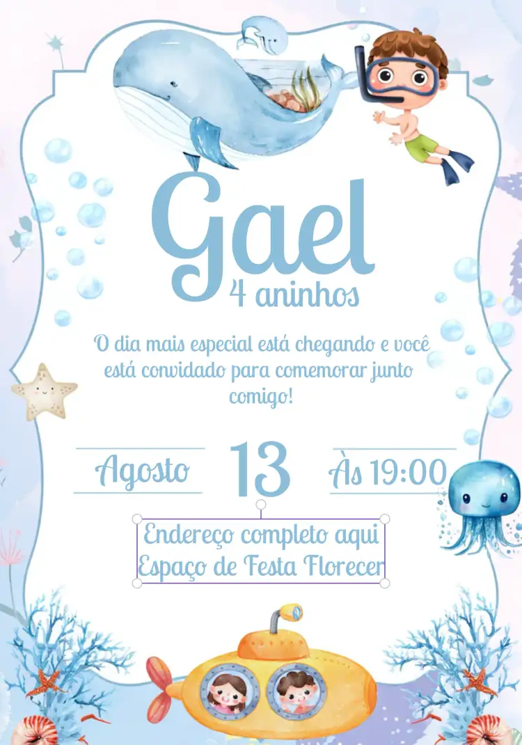 Convite Fundo Do Mar Menino Azul Polvo – tema Aniversário Infantil fundo do mar, azul, animais marinhos, divertido, colorido, infantil