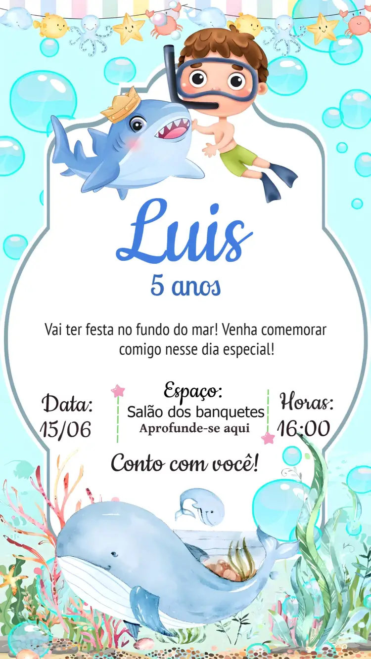 Convite Fundo Do Mar Menino – tema Aniversário Infantil marinho, colorido, divertido, ilustrações animadas, tropical, aventura