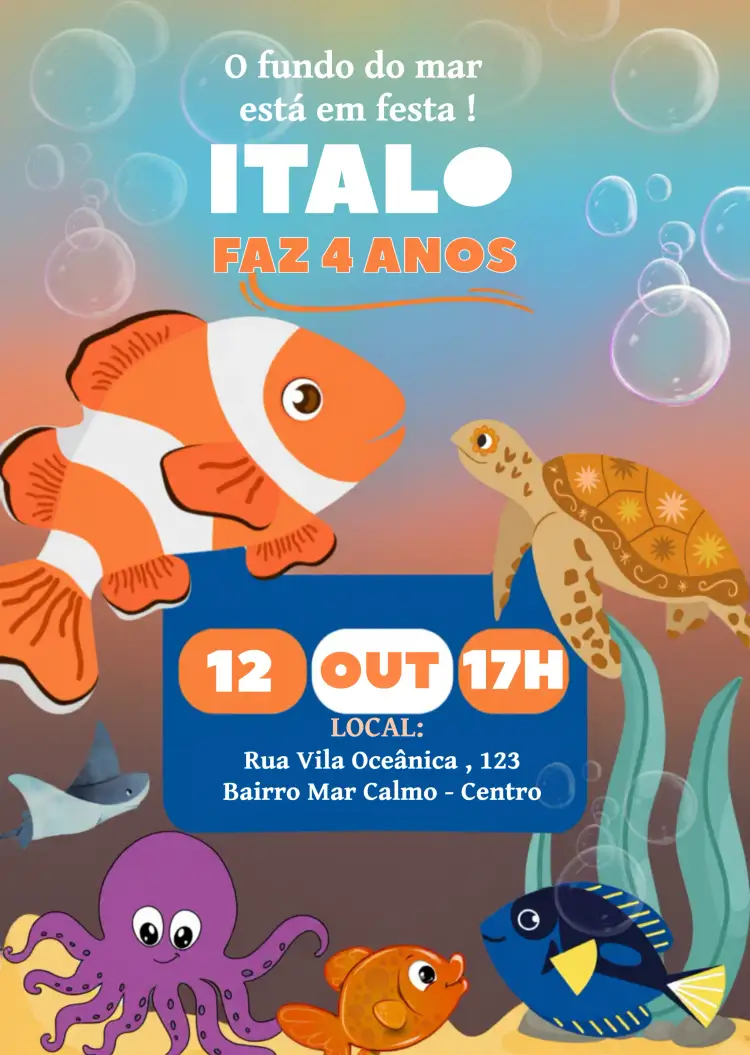 Convite Fundo Do Mar Nemo Colorido – tema Aniversário Infantil colorido, marinho, lúdico, divertido, vibrante