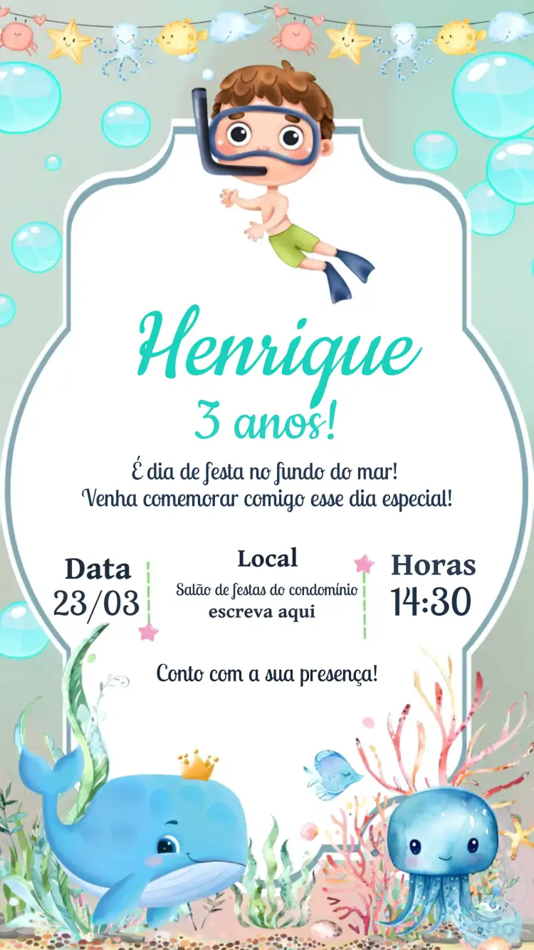 Convite Fundo Do Mar Polvo – tema Aniversário Infantil aquarela, marinho, colorido, divertido, infantil, temático