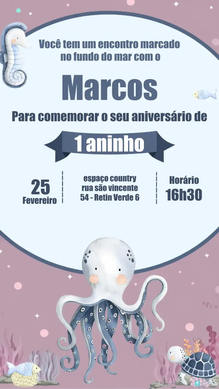 Convite Fundo Do Mar Polvo – tema Aniversário Infantil oceânico, colorido, divertido, infantil, temático, marinho