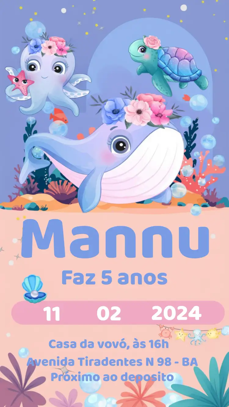 Convite Fundo Do Mar Polvo – tema Aniversário Infantil fundo do mar, animais marinhos, azul e branco, divertido, colorido, infantil