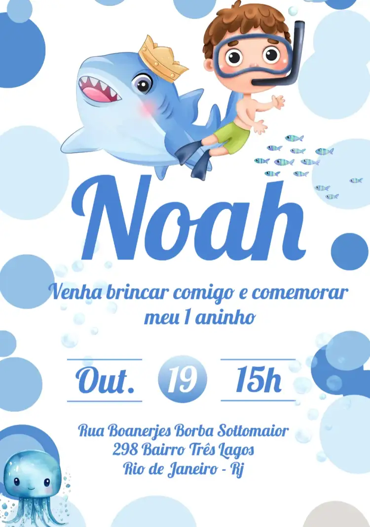 Convite Fundo Do Mar Polvo – tema Aniversário Infantil fundo do mar, aquarela, cores azuis, elementos marinhos, ilustrações lúdicas, divertido