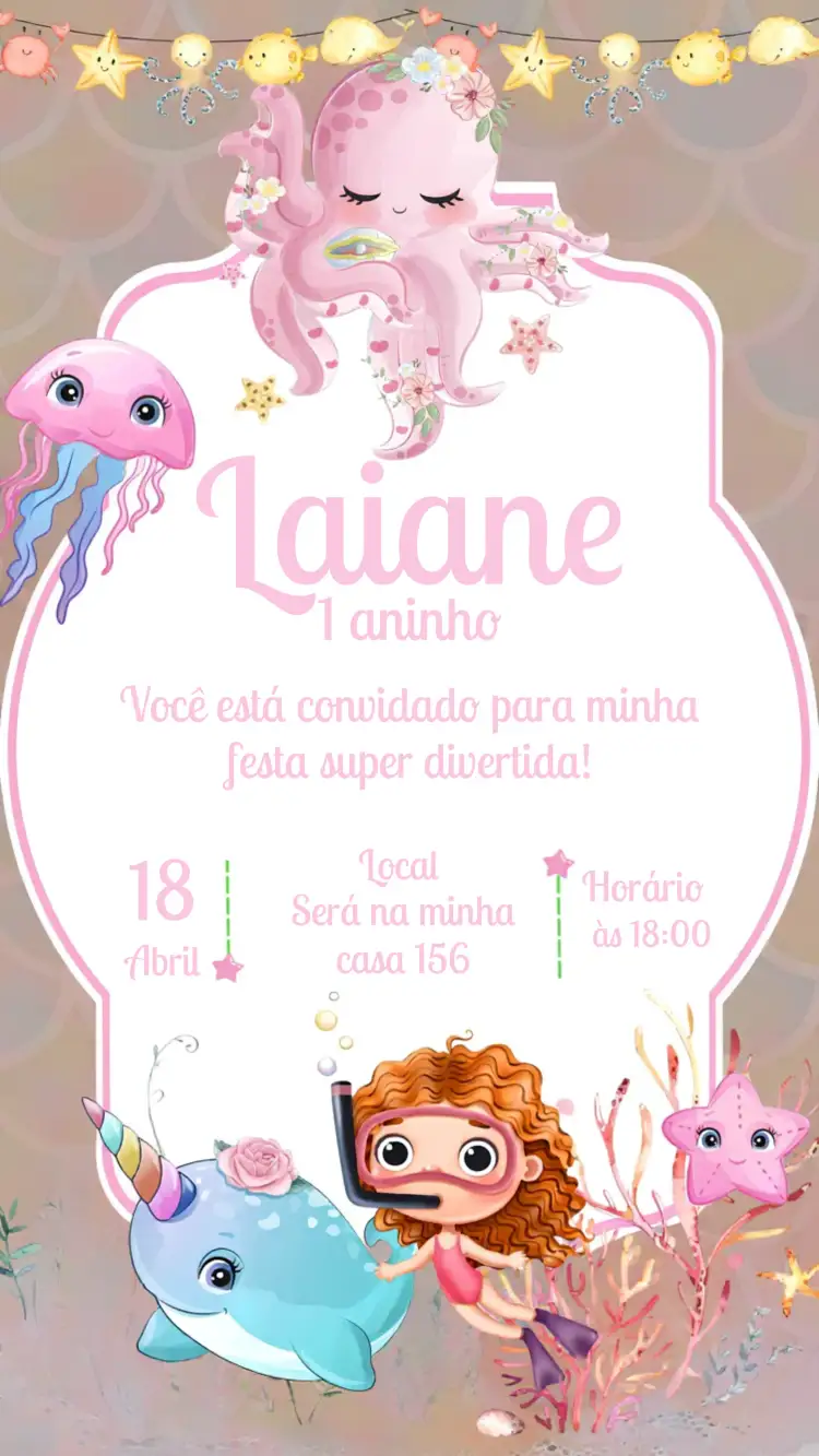 Convite Fundo Do Mar Polvo – tema Aniversário Infantil aquarela, marinho, delicado, feminino, colorido