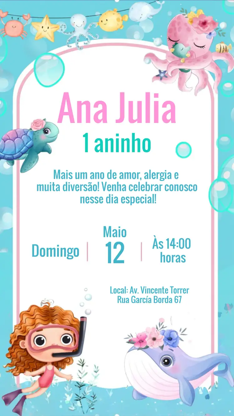Convite Fundo Do Mar Rosa – tema Aniversário Infantil fundo do mar, cores pastel, ilustrações lúdicas, estilo infantil, elementos aquáticos