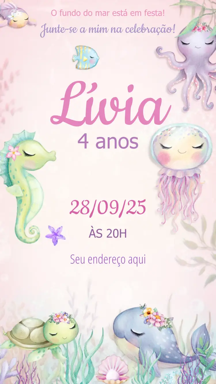 Convite Fundo Do Mar Rosa – tema Aniversário Infantil aquarela, fundo do mar, rosa, infantil, delicado, temática marinha
