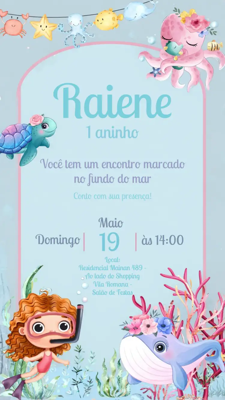 Convite Fundo Do Mar Sereia – tema Aniversário Infantil aquarela, marinho, colorido, fantástico, lúdico