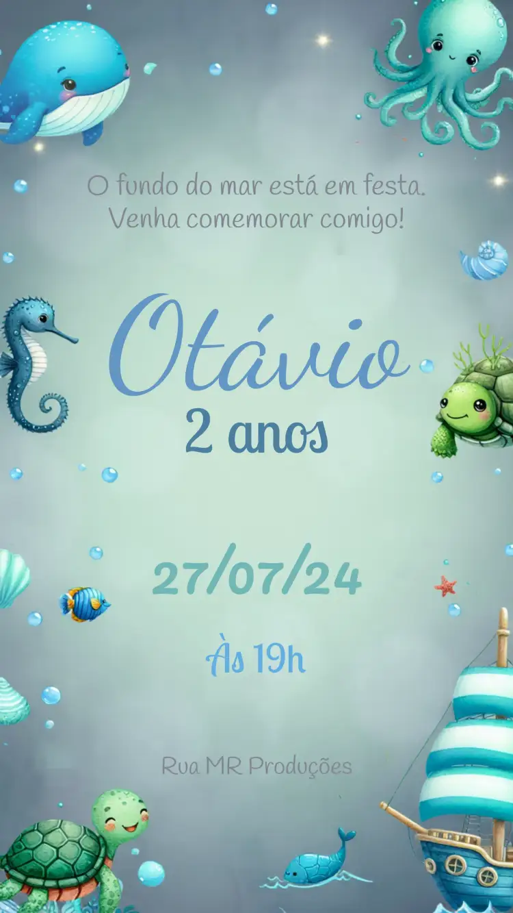 Convite Fundo Do Mar Tartaruga – tema Aniversário Infantil fundo do mar, marinho, colorido, divertido, lúdico, infantil