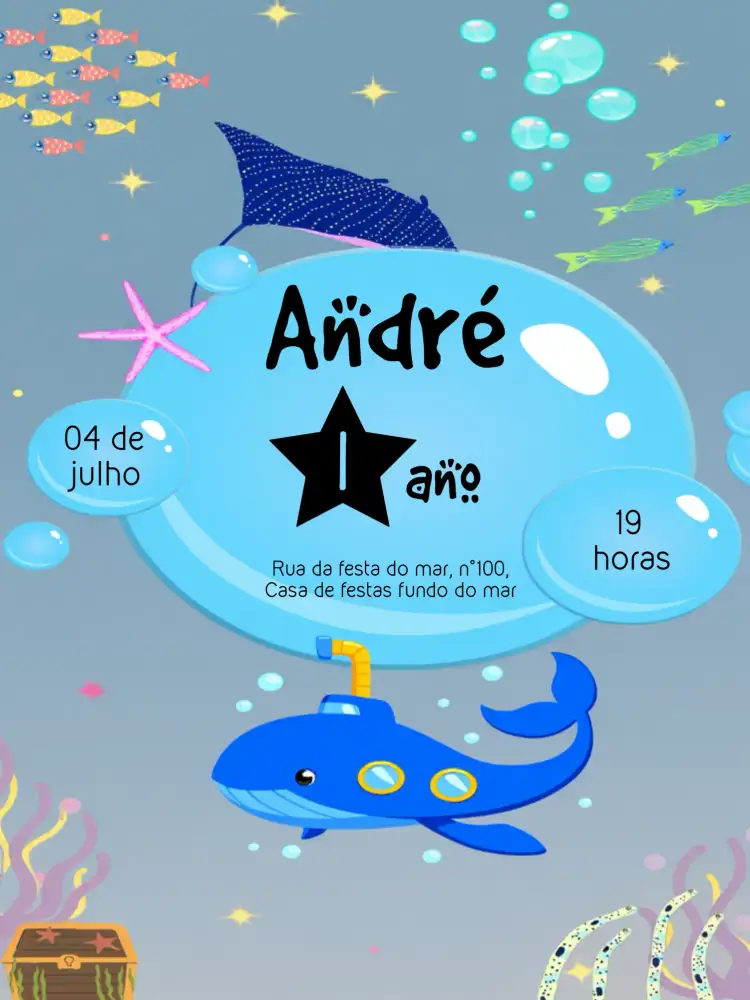 Convite Fundo Do Mar Vermelho – tema Aniversário Infantil fundo do mar, vibrante, colorido, divertido, temático, infantil