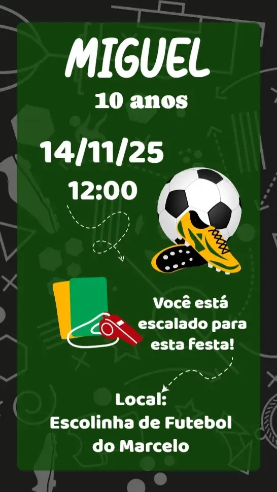 Convite Futebol – tema Aniversário cores vibrantes, estilo esportivo, elementos gráficos de futebol, design moderno, ilustrações divertidas, tema infantil