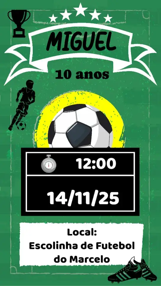 Convite Futebol – tema Aniversário esportivo, colorido, vibrante, divertido, jovial, moderno